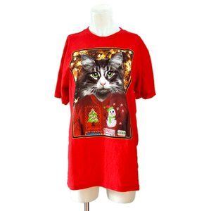 Cat in Sweater Christmas T-Shirt Red TeeStyled Medium